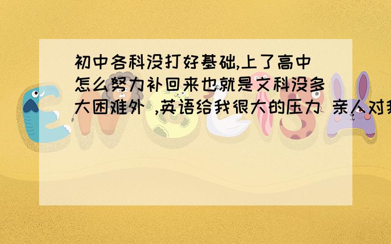 初中各科没打好基础,上了高中怎么努力补回来也就是文科没多大困难外 ,英语给我很大的压力 亲人对我的期盼很大 但我总是听不懂老师讲课,讲卷子,心里很伤心 书本上的定义会了而已 试题