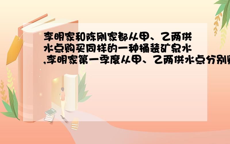 李明家和陈刚家都从甲、乙两供水点购买同样的一种桶装矿泉水,李明家第一季度从甲、乙两供水点分别购买了10桶和6桶,共花费51元；陈刚家买了8桶和12桶,且乙比甲多花费8元.计算说明哪种便