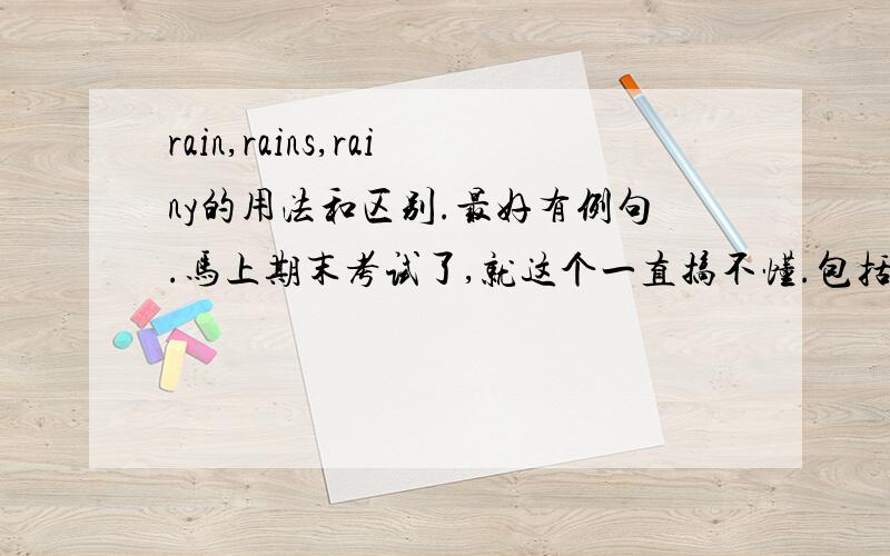 rain,rains,rainy的用法和区别.最好有例句.马上期末考试了,就这个一直搞不懂.包括所有天气的这种三形式,