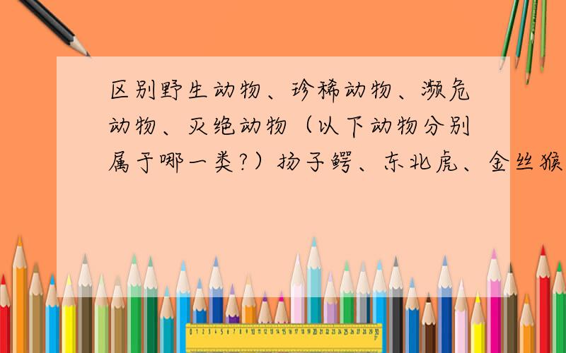 区别野生动物、珍稀动物、濒危动物、灭绝动物（以下动物分别属于哪一类?）扬子鳄、东北虎、金丝猴、藏羚羊、白鳍豚、江豚、团头鲂（武昌鱼）、胭脂鱼、长江鲥鱼、大熊猫、中华鲟、