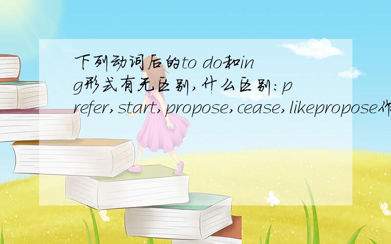 下列动词后的to do和ing形式有无区别,什么区别：prefer,start,propose,cease,likepropose作打算.希望意,牛津上有what do you propose to do?和how do you propose getting home?