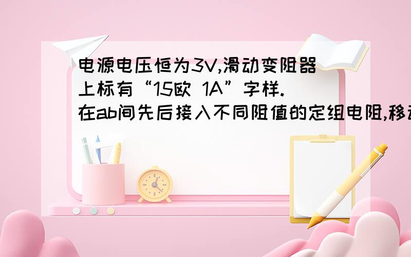 电源电压恒为3V,滑动变阻器上标有“15欧 1A”字样.在ab间先后接入不同阻值的定组电阻,移动滑片P,使电压表示数为1.5V,读出电流表的示数.当20欧的电阻接入a.b间时,电压表示数始终无法达到1.5V,