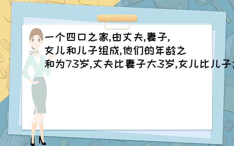 一个四口之家,由丈夫,妻子,女儿和儿子组成,他们的年龄之和为73岁,丈夫比妻子大3岁,女儿比儿子大2岁,四年前这个家庭成员的年龄之和为58岁,请问这个家庭的每个成员现在各是多少岁?列方程