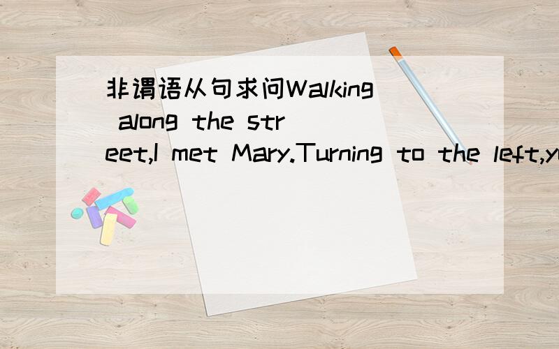 非谓语从句求问Walking along the street,I met Mary.Turning to the left,you will see the shop.Seeing from the top of the tower,I saw a beautiful city.He came to my birthday party without being asked.这几句都是很简单的非谓语从句,我