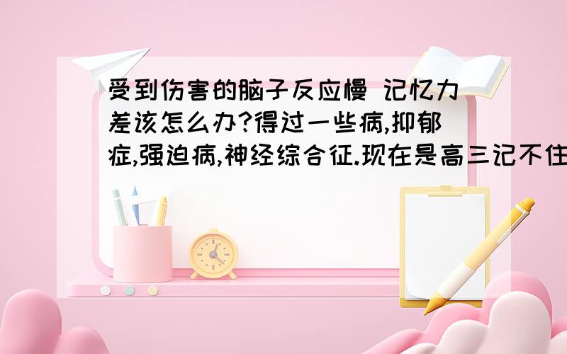 受到伤害的脑子反应慢 记忆力差该怎么办?得过一些病,抑郁症,强迫病,神经综合征.现在是高三记不住东西,比如说你记一个单词beautifui 平常人呢都是 脑子会有这几个 字母映入在脑海中可是我