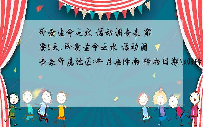 珍爱生命之水 活动调查表 需要6天,珍爱生命之水 活动调查表所属地区:本月无降雨 降雨日期\x05降雨量(毫米)\x05降雨开始时间\x05持续时间/小时\x05雨水PH值\x05雨强\x05\x05\x05\x05\x05\x05\x05\x05\x05\x