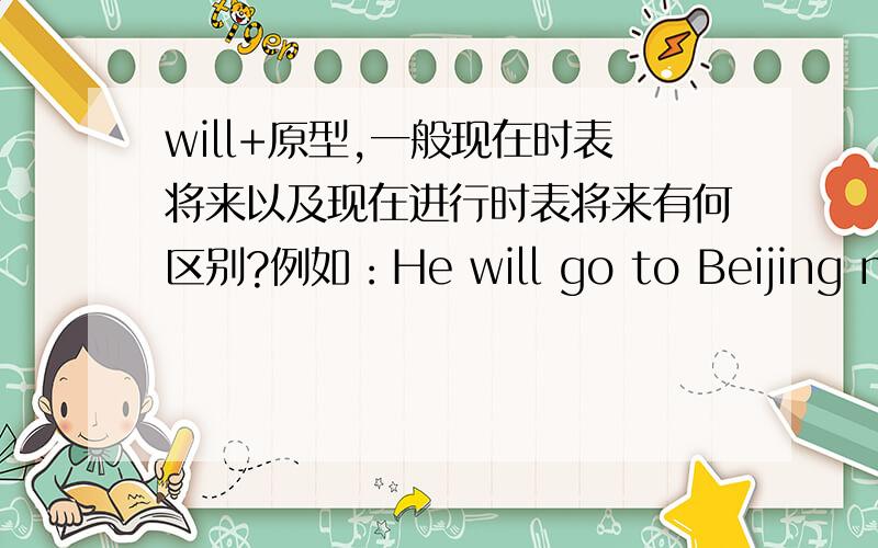 will+原型,一般现在时表将来以及现在进行时表将来有何区别?例如：He will go to Beijing next week.He is going to Beijing next week.When do we go to Beijing?都表达按计划将会进行的,请问有和区别?