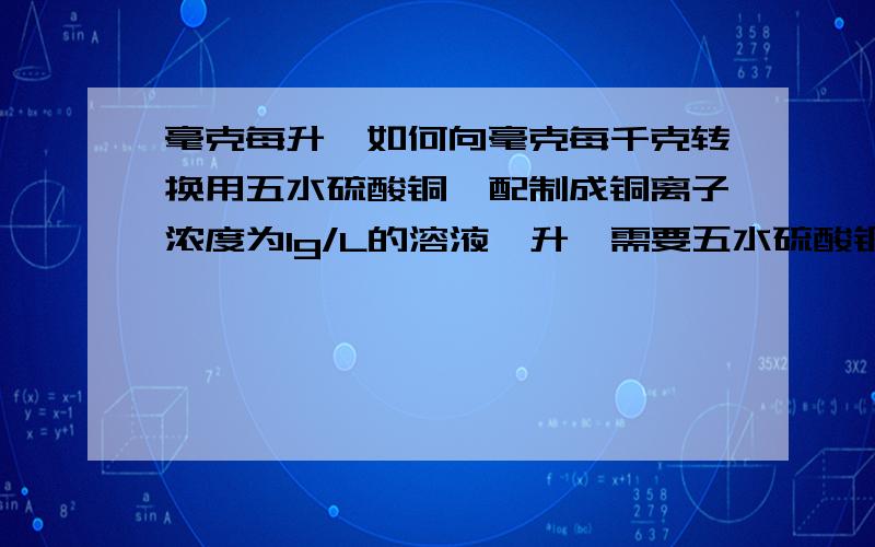 毫克每升,如何向毫克每千克转换用五水硫酸铜,配制成铜离子浓度为1g/L的溶液一升,需要五水硫酸铜多少克?算出来之后把1g/l转化成克每千克.好多人都说这单位近似相等.密度大致是水溶液的