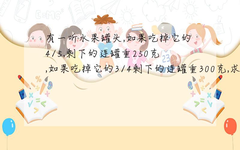 有一听水果罐头,如果吃掉它的4/5,剩下的连罐重250克,如果吃掉它的3/4剩下的连罐重300克,求空罐的重量要算式,快,对了提高悬赏分!