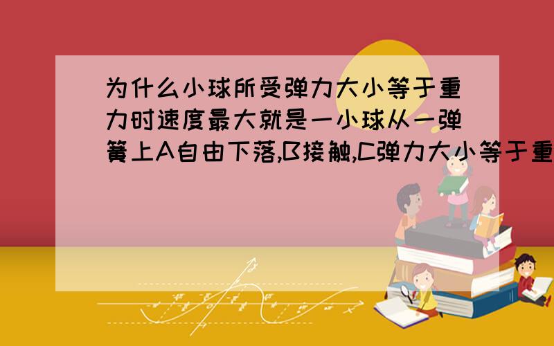 为什么小球所受弹力大小等于重力时速度最大就是一小球从一弹簧上A自由下落,B接触,C弹力大小等于重力,D速度为零.为什么在B点速度不是最大的?