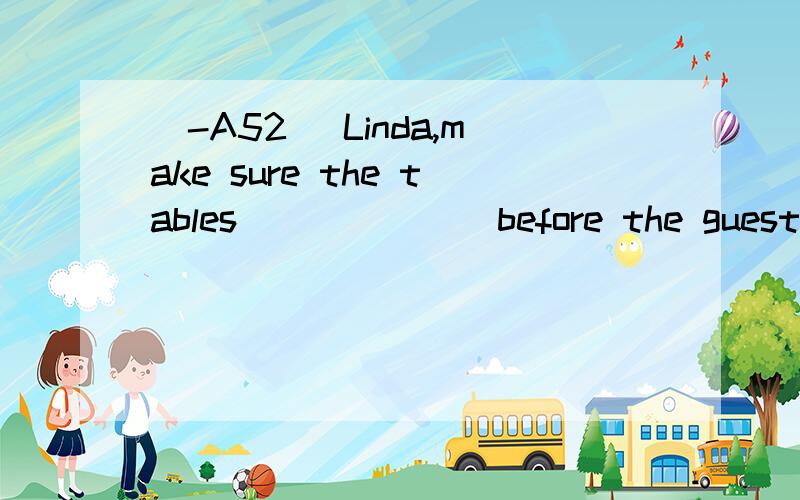 [-A52] Linda,make sure the tables ______ before the guests arrive.A.be set B.set C.are set D.are setting翻译并分析