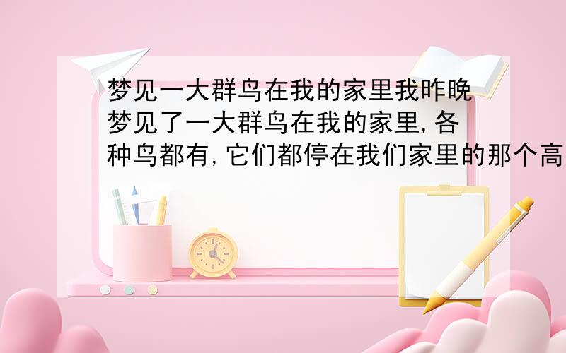 梦见一大群鸟在我的家里我昨晚梦见了一大群鸟在我的家里,各种鸟都有,它们都停在我们家里的那个高高的梁上,到处都是,地上也是,很多,而且我走进去,鸟儿们有的在寻食,地上的鸟也飞到梁