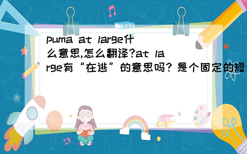 puma at large什么意思,怎么翻译?at large有“在逃”的意思吗？是个固定的短语吗？能不能解释一下，我没有字典啊