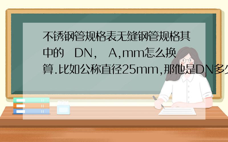 不锈钢管规格表无缝钢管规格其中的　DN,　A,mm怎么换算.比如公称直径25mm,那他是DN多少的?多少A的?DN　50的是多少mm,多少A的?125A的又是多少mm,DN多少?