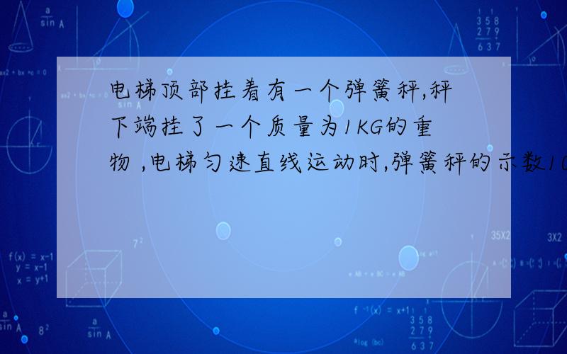 电梯顶部挂着有一个弹簧秤,秤下端挂了一个质量为1KG的重物 ,电梯匀速直线运动时,弹簧秤的示数10N,G=10电梯顶部挂着有一个弹簧秤,秤下端挂了一个质量为1KG的重物 ,电梯匀速直线运动时,弹簧