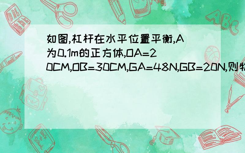 如图,杠杆在水平位置平衡,A为0.1m的正方体,OA=20CM,OB=30CM,GA=48N,GB=20N,则物体A对地面的压强为多少?快点给答案   会加分 . 在线等 .