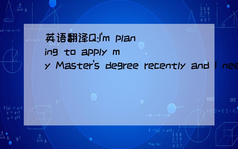 英语翻译Q:I'm planing to apply my Master's degree recently and I need two reference letters.I'm wondering what the best time is to ask teachers to write these reference letter for me?RegardsA:Jan should be fine,if you need,ask me for one by the t