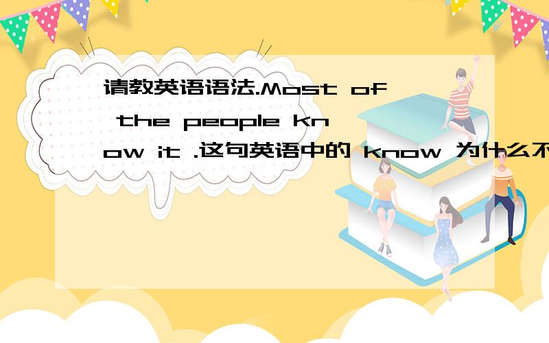 请教英语语法.Most of the people know it .这句英语中的 know 为什么不是用复数?这句话意思是,一些人知道这,一些人不是指复数嘛?为什么know 不用复数?