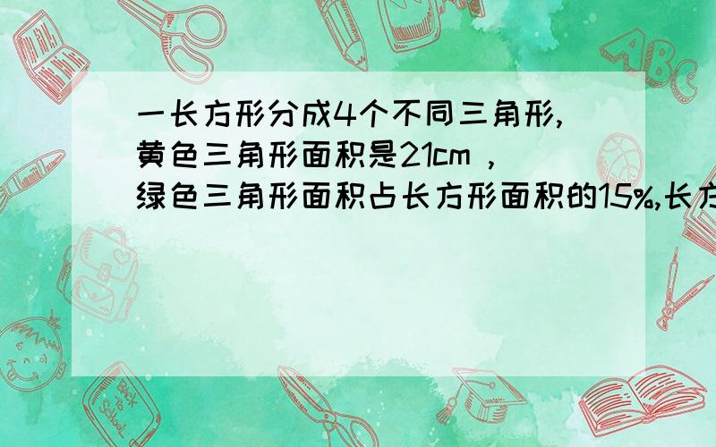 一长方形分成4个不同三角形,黄色三角形面积是21cm ,绿色三角形面积占长方形面积的15%,长方形的面积是?要不然我死定了,可怜可怜我吧＞＿＜红色三角形是12平方厘米,蓝色三角形又多少？