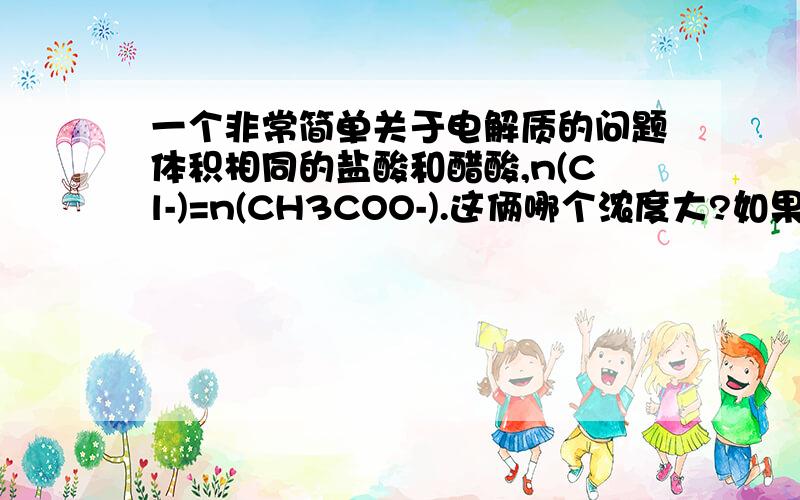 一个非常简单关于电解质的问题体积相同的盐酸和醋酸,n(Cl-)=n(CH3COO-).这俩哪个浓度大?如果说醋酸浓度大的话,那么调换成c(Cl-)=c(CH3COO-)呢?搞不清楚这个.两个溶液浓度是一样的？