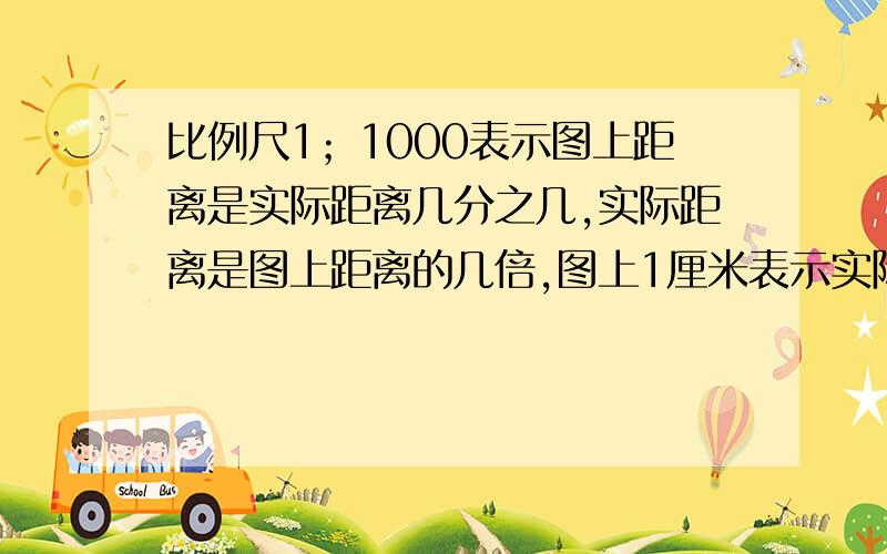 比例尺1；1000表示图上距离是实际距离几分之几,实际距离是图上距离的几倍,图上1厘米表示实际距离多少米