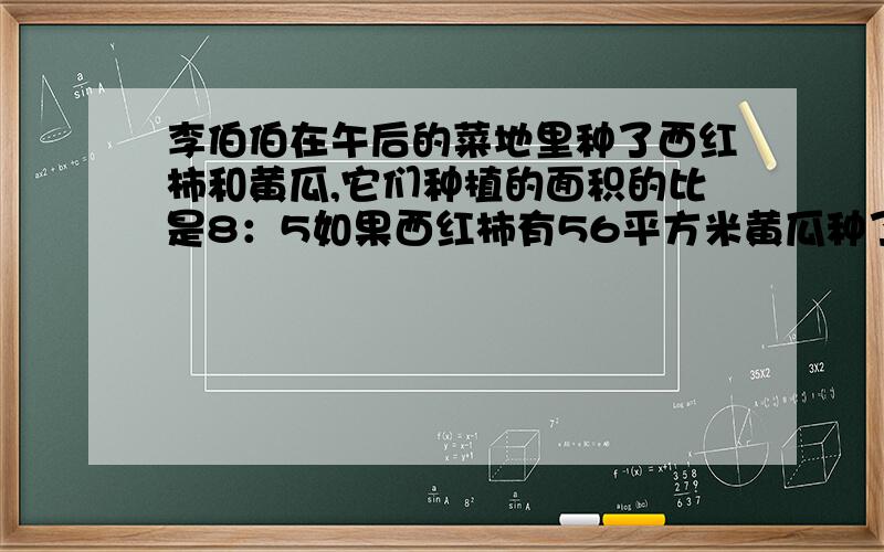 李伯伯在午后的菜地里种了西红柿和黄瓜,它们种植的面积的比是8：5如果西红柿有56平方米黄瓜种了多少平米大象每分钟的心跳次数大约只有40次,比老鼠少25分之23,老鼠每分大约心跳多少次?