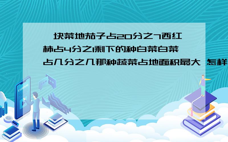 一块菜地茄子占20分之7西红柿占4分之1剩下的种白菜白菜占几分之几那种蔬菜占地面积最大 怎样比较大小