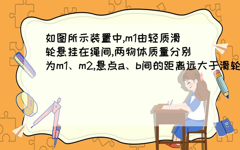 如图所示装置中,m1由轻质滑轮悬挂在绳间,两物体质量分别为m1、m2,悬点a、b间的距离远大于滑轮的直径,不计一切摩擦,整个装置处于静止状态.则（ ）A．α一定等于β B．m1一定大于m2C．m1可能