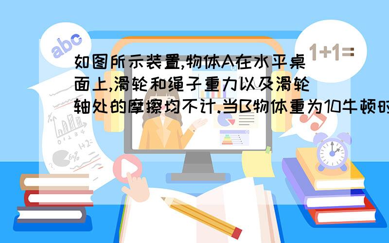 如图所示装置,物体A在水平桌面上,滑轮和绳子重力以及滑轮轴处的摩擦均不计.当B物体重为10牛顿时,它恰好能匀速下降.若用一个水平向左的力拉物体A使其向左匀速运动,则这个力的大小是 ：A