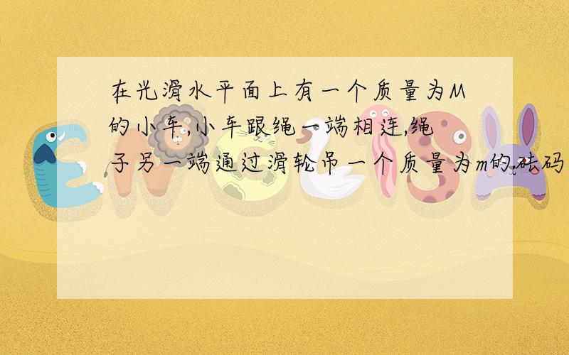 在光滑水平面上有一个质量为M的小车,小车跟绳一端相连,绳子另一端通过滑轮吊一个质量为m的砝码,则当砝码着地的瞬间（小车未离开桌子）小车的速度大小为多少,在这过程中,绳的拉力对小