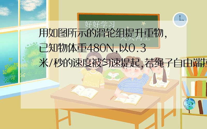 用如图所示的滑轮组提升重物,已知物体重480N,以0.3米/秒的速度被匀速提起,若绳子自由端拉力200N,不记绳重及摩擦,求：(1)滑轮组的机械效率?(2)拉力的功率?(3)若该滑轮组将重为600牛的物体匀速