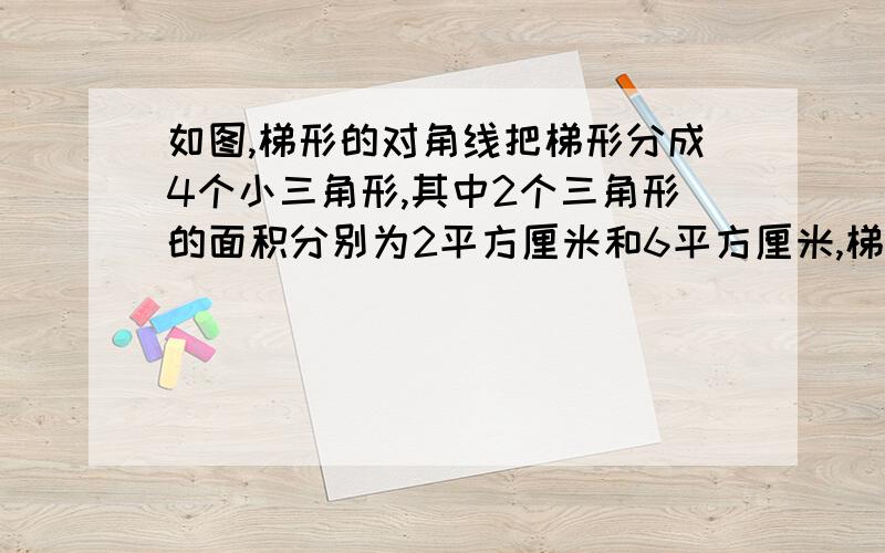 如图,梯形的对角线把梯形分成4个小三角形,其中2个三角形的面积分别为2平方厘米和6平方厘米,梯形的面积?B O D 面积为的三角形面积是2平方厘米O  C D 的面积为6平方厘米