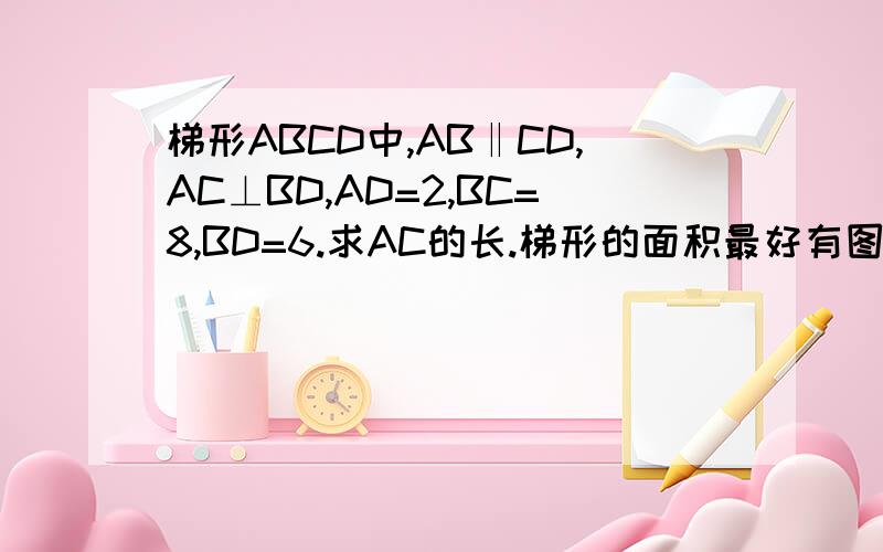 梯形ABCD中,AB‖CD,AC⊥BD,AD=2,BC=8,BD=6.求AC的长.梯形的面积最好有图 是AB‖CD