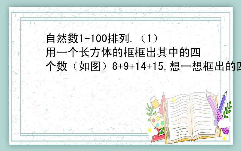 自然数1-100排列.（1）用一个长方体的框框出其中的四个数（如图）8+9+14+15,想一想框出的四个数的和与其中最小的四个数的和与其中最小的一个数有什么关系?（2）再框几次,你能发现其中的