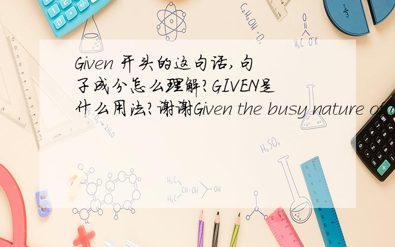Given 开头的这句话,句子成分怎么理解?GIVEN是什么用法?谢谢Given the busy nature of our lives, it's to be appreicated that we even find the time to indulge in matters of heart.