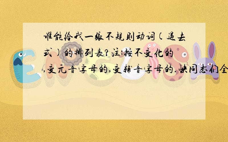 谁能给我一张不规则动词(过去式)的排列表?注:按不变化的,变元音字母的,变辅音字母的.快同志们全要写哦只要原形和过去式