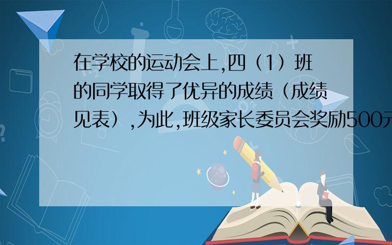 在学校的运动会上,四（1）班的同学取得了优异的成绩（成绩见表）,为此,班级家长委员会奖励500元给他