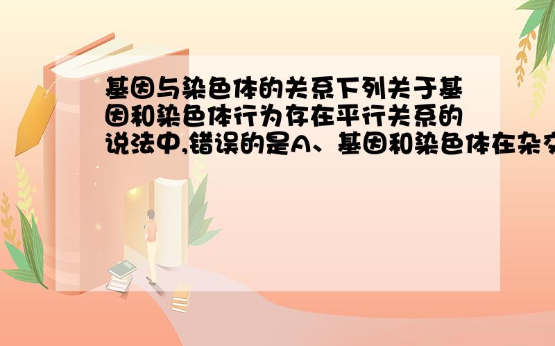 基因与染色体的关系下列关于基因和染色体行为存在平行关系的说法中,错误的是A、基因和染色体在杂交过程中保持完整性和独立性B、减数分裂中非等位基因与非同源染色体的自由组合是同