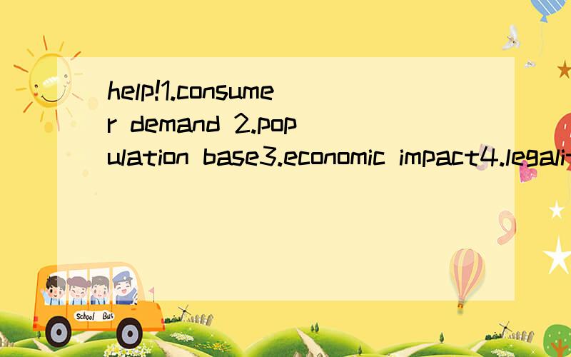 help!1.consumer demand 2.population base3.economic impact4.legalities5.moral issues6.cost(star-up operating)7.expenditures8.projected profit margin
