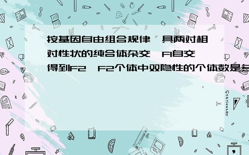 按基因自由组合规律,具两对相对性状的纯合体杂交,F1自交得到F2,F2个体中双隐性的个体数是多少A1/16 B3/16 C4/16 D6/16