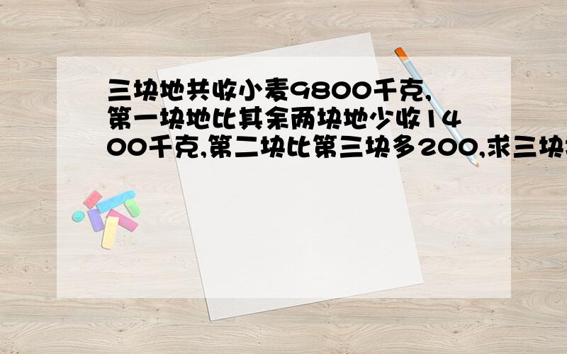 三块地共收小麦9800千克,第一块地比其余两块地少收1400千克,第二块比第三块多200,求三块地各收多少不要用X Y 来算的