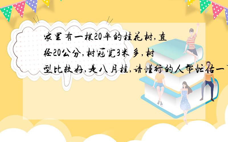 家里有一棵20年的桂花树,直径20公分,树冠宽3米多,树型比较好,是八月桂,请懂行的人帮忙估一下这棵树值另还有一棵20多年银杏树,有12米高,今年刚开花,请问一下有谁知道这棵树值多少钱?