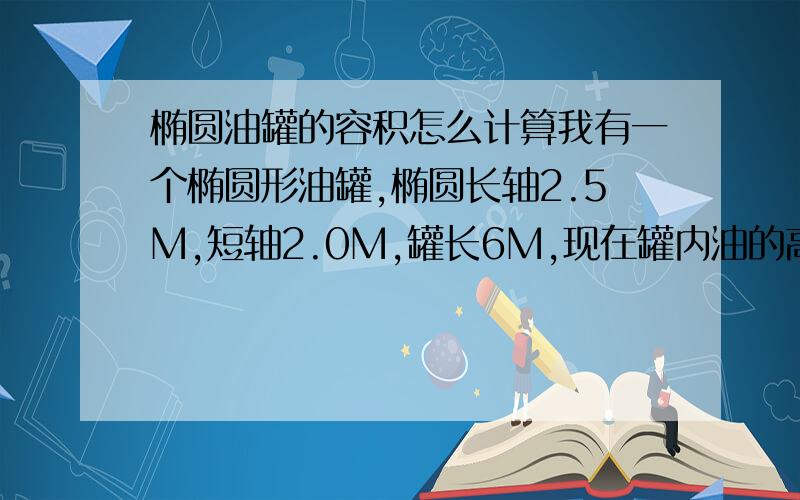 椭圆油罐的容积怎么计算我有一个椭圆形油罐,椭圆长轴2.5M,短轴2.0M,罐长6M,现在罐内油的高度是1.1M,求油的容积我有一个椭圆形油罐，椭圆长轴2.5M，短轴2.0M，罐长6M，现在罐内油的高度是1.1M