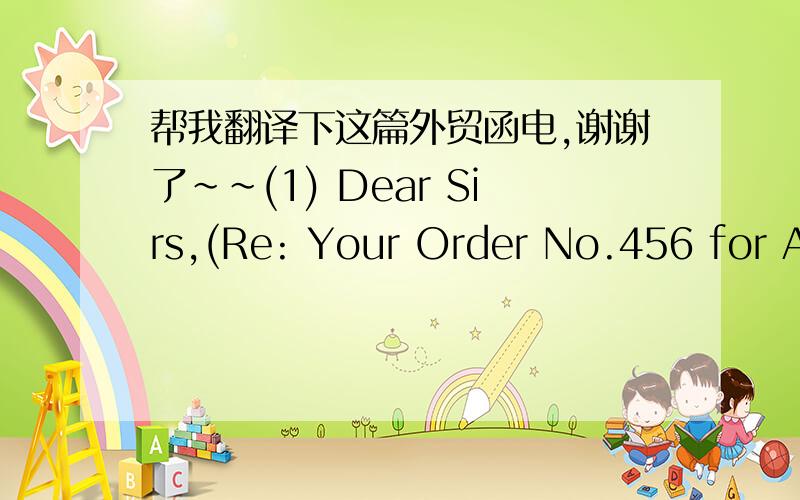 帮我翻译下这篇外贸函电,谢谢了~~(1) Dear Sirs,(Re: Your Order No.456 for Ammonium Sulphate)     With reference to our faxes dated the 20th of April and the 18th of May, requesting you to establish the L/C covering the above mentioned ord