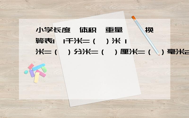 小学长度、体积、重量…… 换算表1、1千米=（ ）米 1米=（ ）分米=（ ）厘米=（ ）毫米2、1吨=（ ）千克 1千克=（ ）克3、1平方千米=（ ）公顷＝（ ）平方米 1平方米＝（ ）平方分米＝（ ）