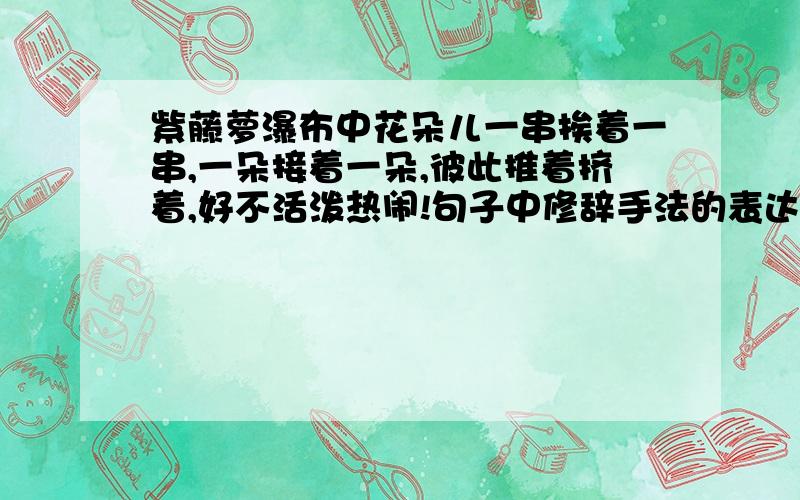 紫藤萝瀑布中花朵儿一串挨着一串,一朵接着一朵,彼此推着挤着,好不活泼热闹!句子中修辞手法的表达效果