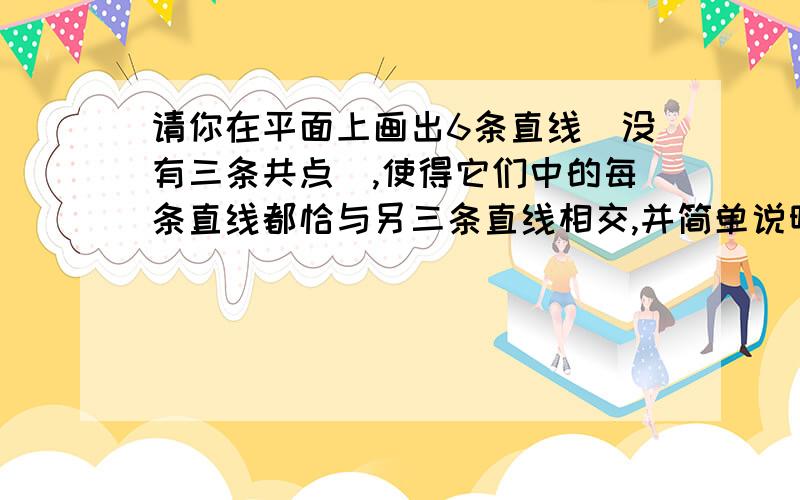 请你在平面上画出6条直线（没有三条共点）,使得它们中的每条直线都恰与另三条直线相交,并简单说明画法.