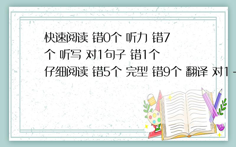 快速阅读 错0个 听力 错7个 听写 对1句子 错1个 仔细阅读 错5个 完型 错9个 翻译 对1-2个 作文 一般