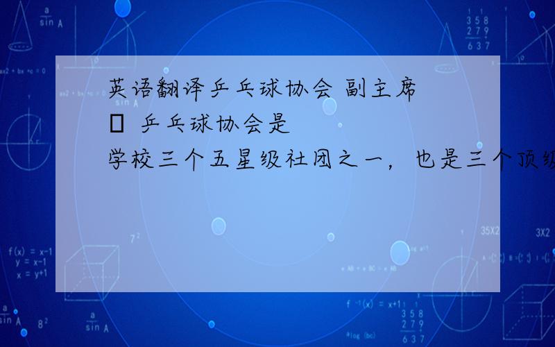 英语翻译乒乓球协会 副主席 • 乒乓球协会是学校三个五星级社团之一，也是三个顶级社团中唯一一个连续三届蝉联五星级社团的协会。• 作为副主席期间共参与策划并举办市级、校