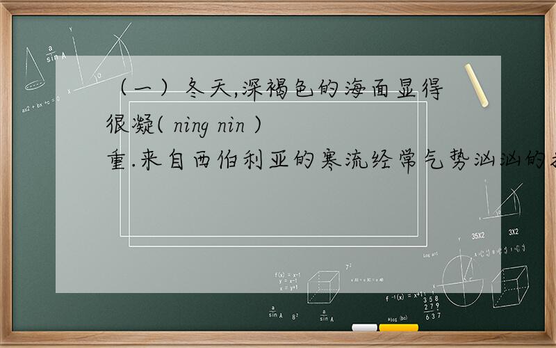 （一）冬天,深褐色的海面显得很凝( ning nin )重.来自西伯利亚的寒流经常气势汹汹的掠过这片海域.小山似（si shi ）的涌浪像千万头暴怒的狮子,从北边的天际前赴后继、锲( qi qie )而不舍地扑